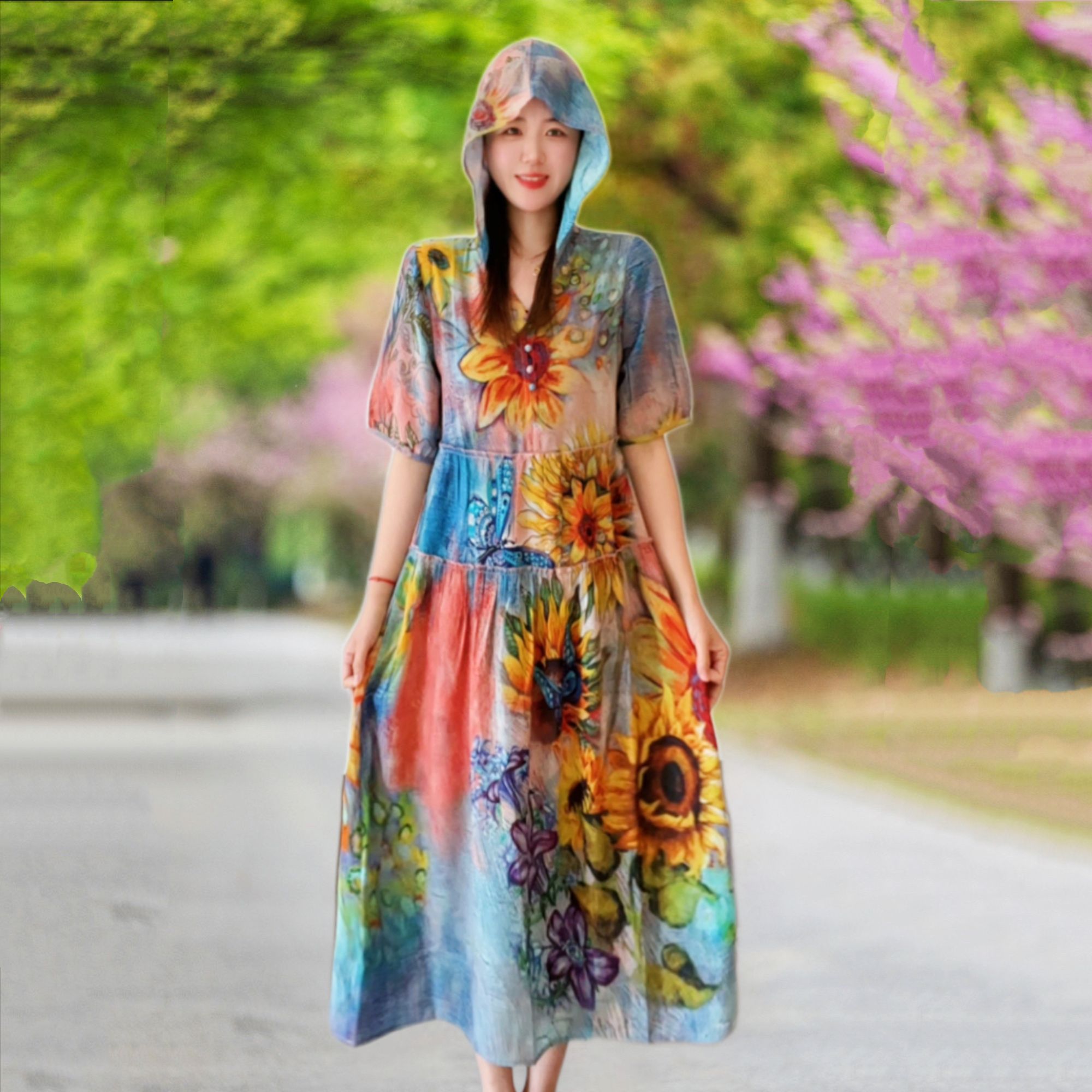连帽沙滩裙女士洋气连衣裙 靓丽气质印花遮肉防晒空调裙中长裙