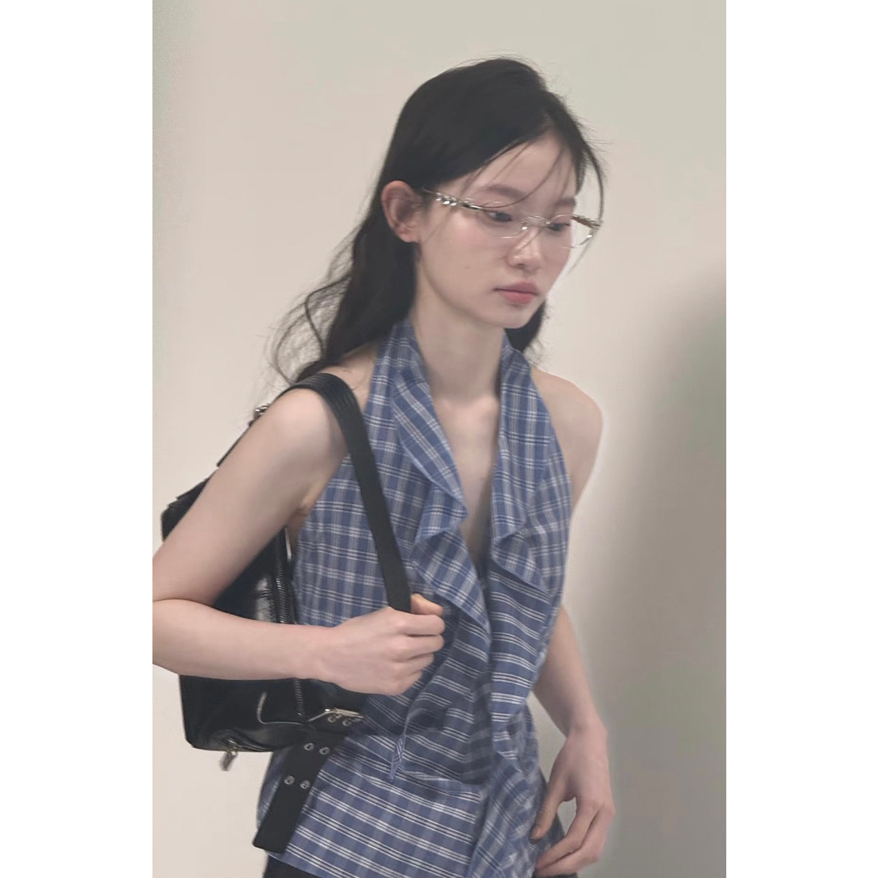 Chun |椿•树下-辣妹性感格纹复古挂脖吊带纯欲荷叶边内搭短款背心