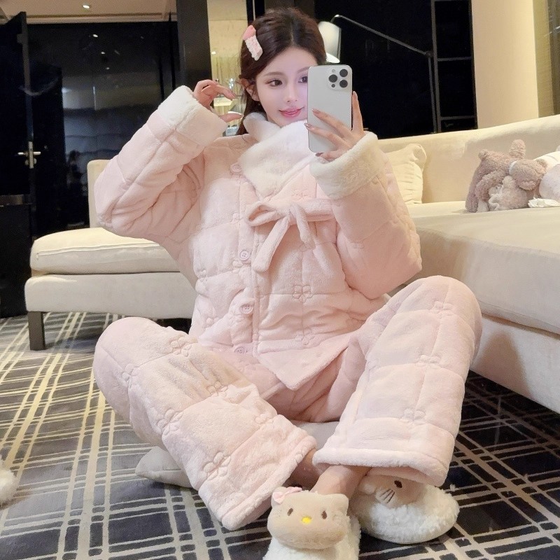 中式三层加厚夹棉睡衣女冬季2025新款国风立领珊瑚绒家居服可外穿