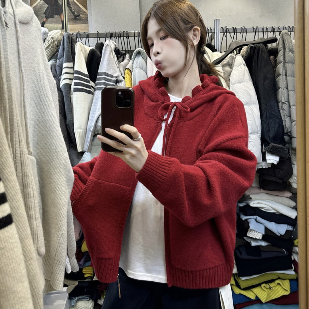 冬季“花边连帽”拉链慵懒保暖毛衣  