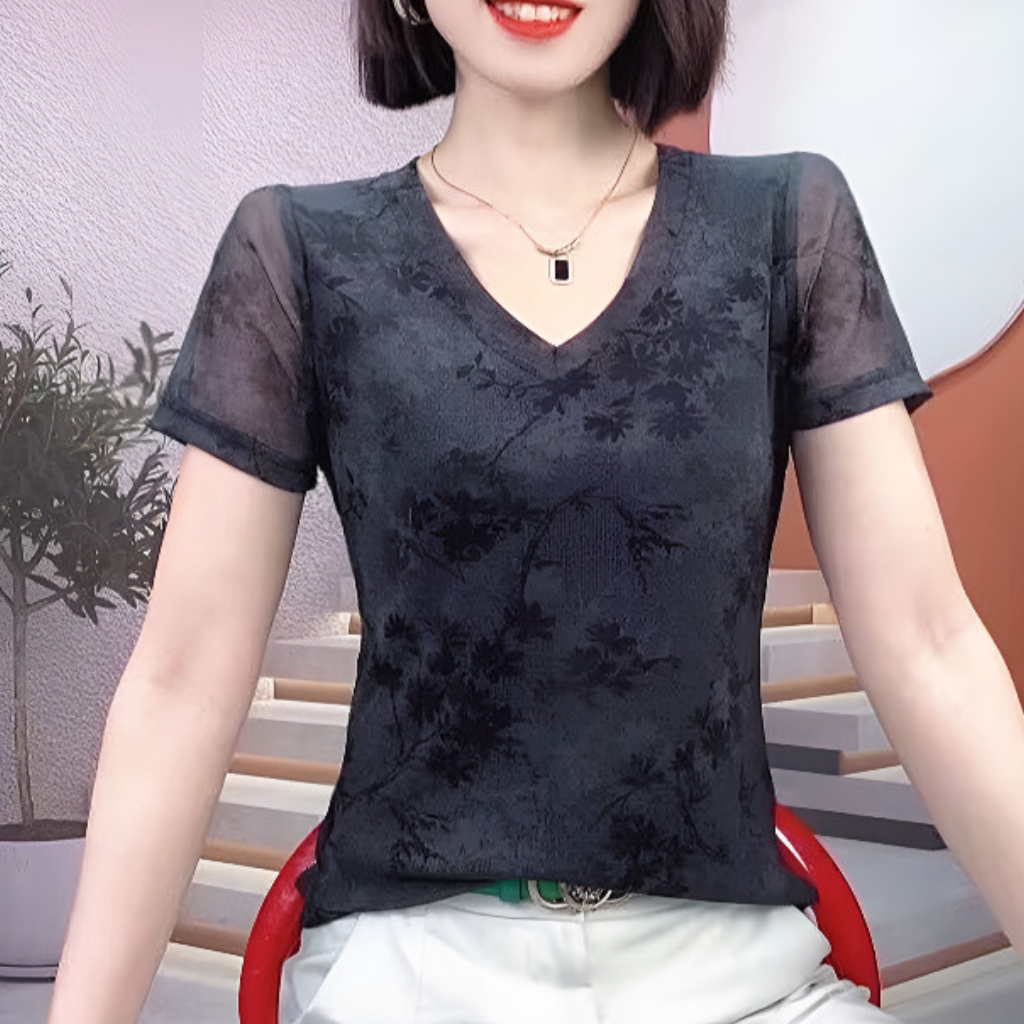 2025新款气质修身显瘦半袖短袖t恤女套头网纱上衣A2147