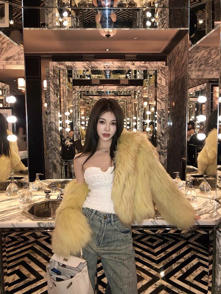 【鹅黄咩咩】50长秋冬韩版新款貉子编织皮草时尚名媛百搭外套