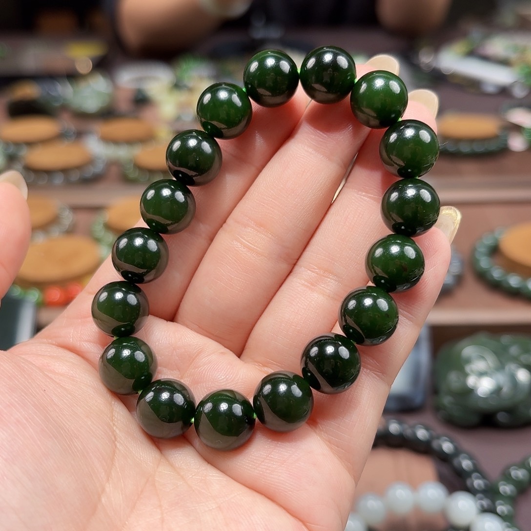 和田玉（碧玉）未镶嵌手链12 俄菠菜绿 