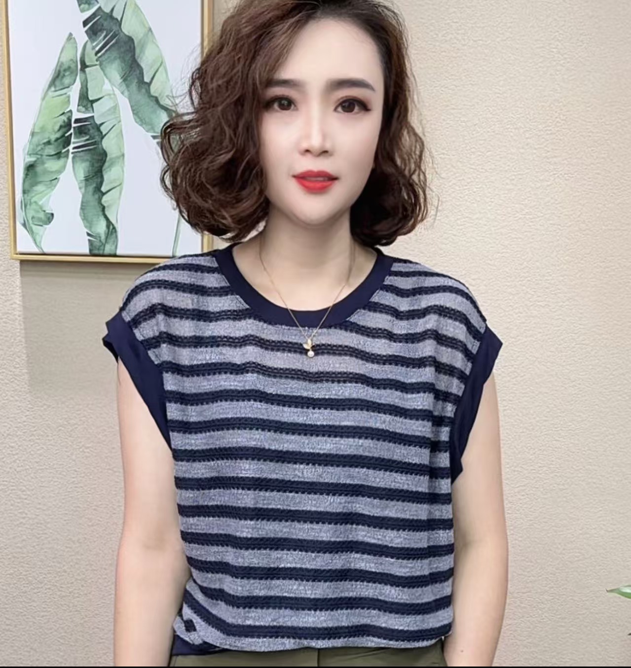 2025夏季新款透气条纹夏季时尚洋气风百搭圆领T恤#786487