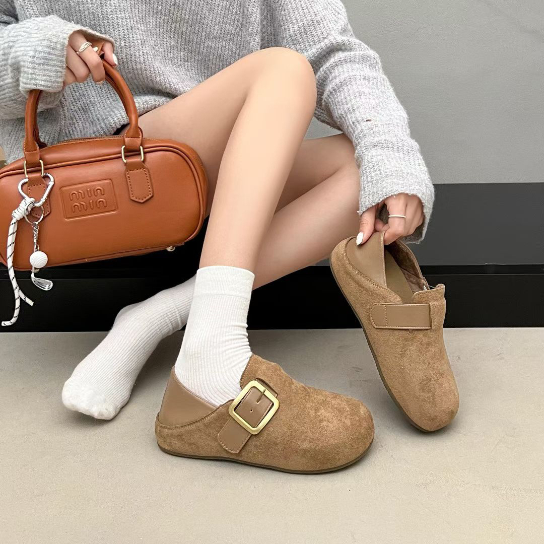 秋冬新款加绒复古保暖皮带款勃肯鞋时尚舒适平底两穿女鞋58336