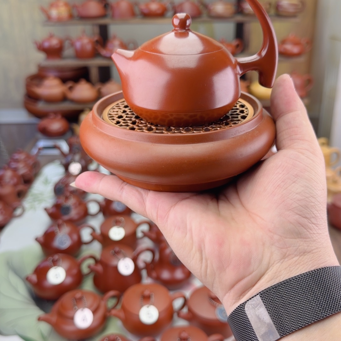 张***亮紫砂茶壶朱泥内嵌薄胎半把