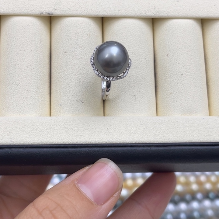 海水珍珠戒圈银S925镶嵌铂金灰戒指12-13mm