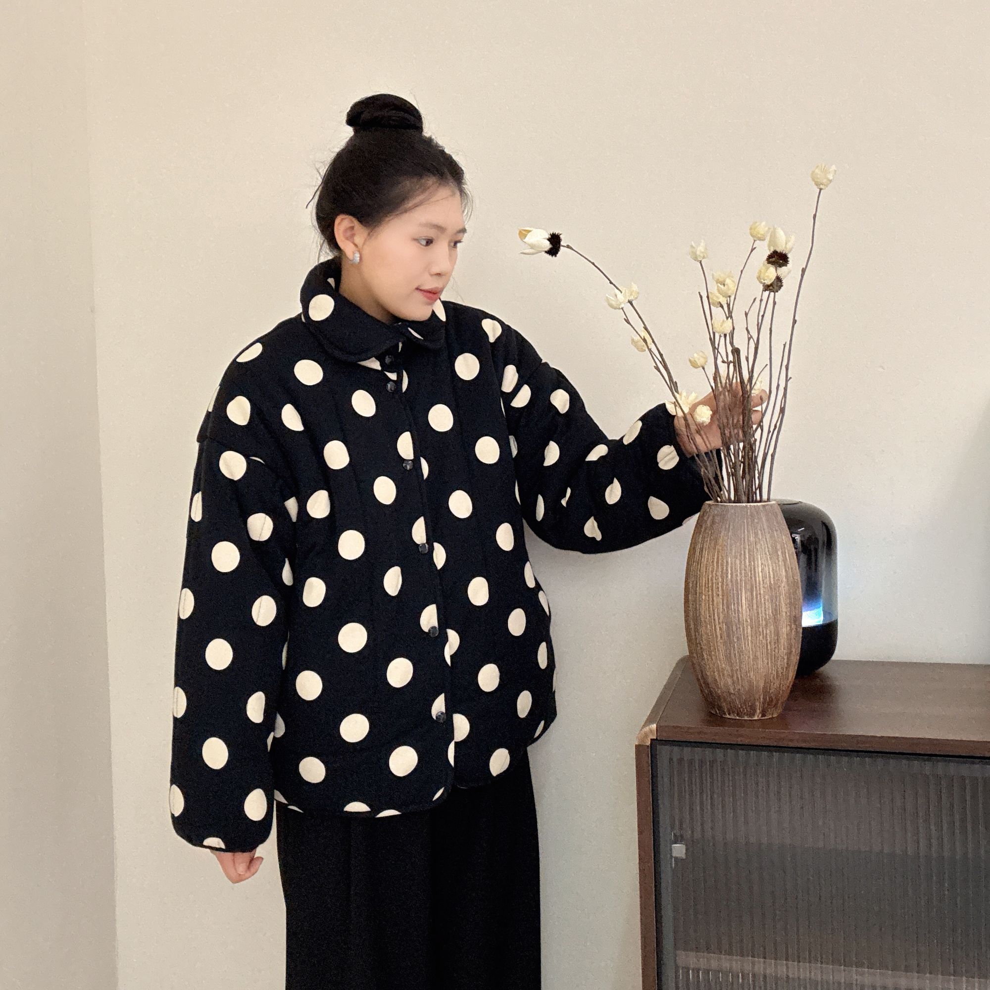 【黑底波点】300g新疆棉立领短款宽松冬季家居服女保暖厚款棉衣棉服
