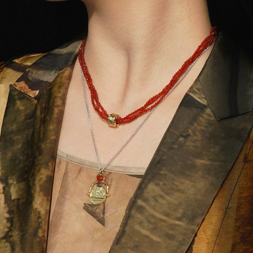 铜合金项链 红色多层串珠项链复古百搭小众简约气质时尚