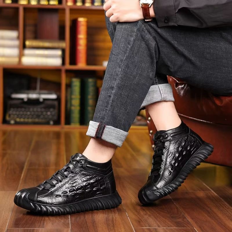 男士鳄鱼纹头层牛皮高帮羊毛鞋168