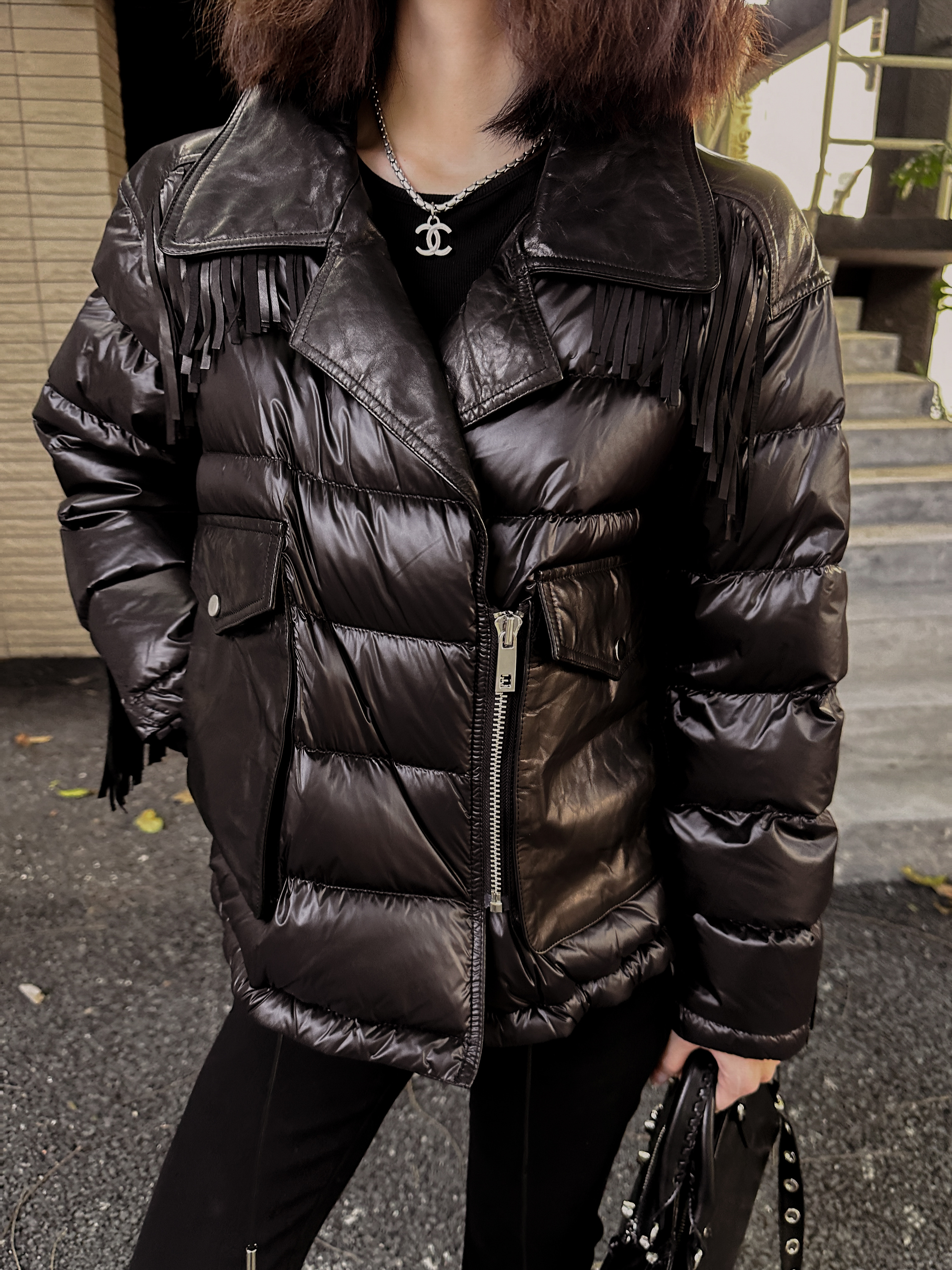 【弓ECHO】原创设计2025秋冬可拆卸毛领山羊皮流苏酷帅机车羽绒服女