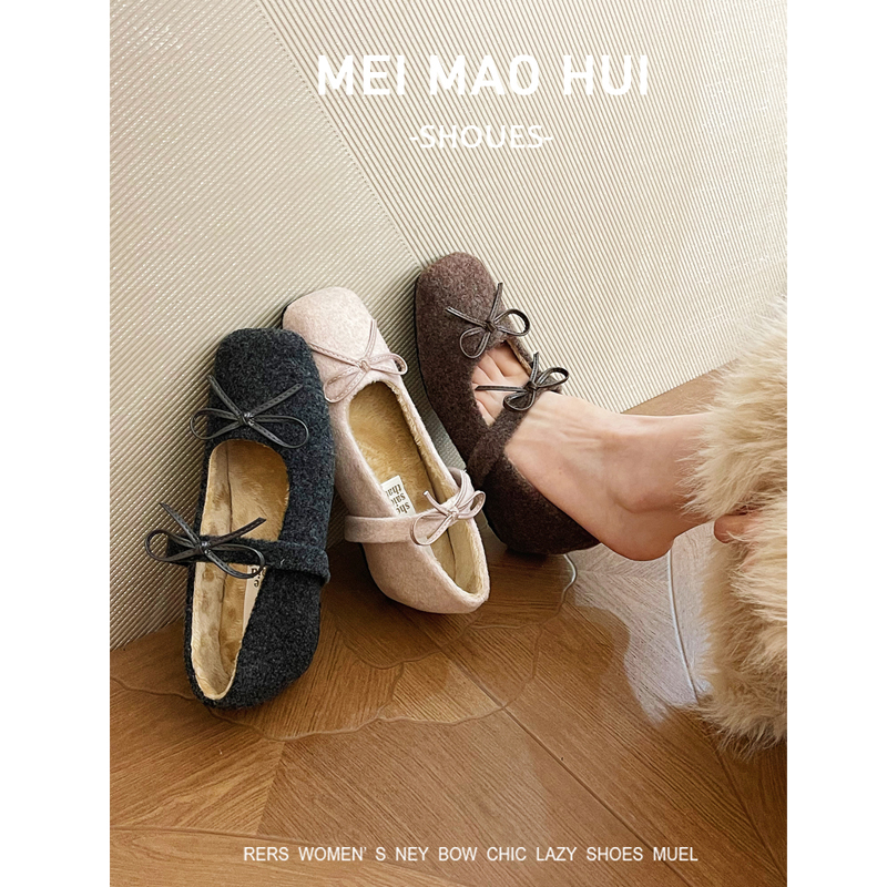 内增高4CM~玛丽珍毛毛鞋女冬外穿新款韩版毛呢单鞋女厚底加绒棉鞋