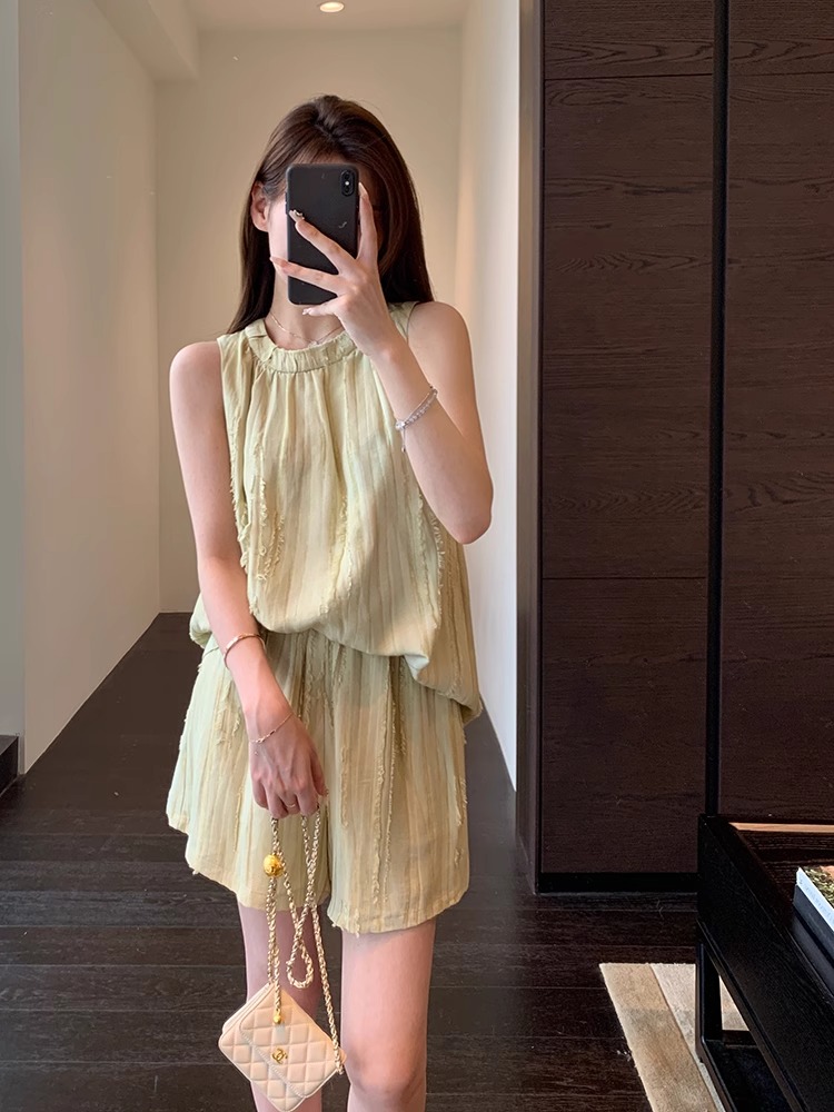 【小莎莎专属】夏季清凉套装显瘦吊带背心阔腿短裤两件套女新