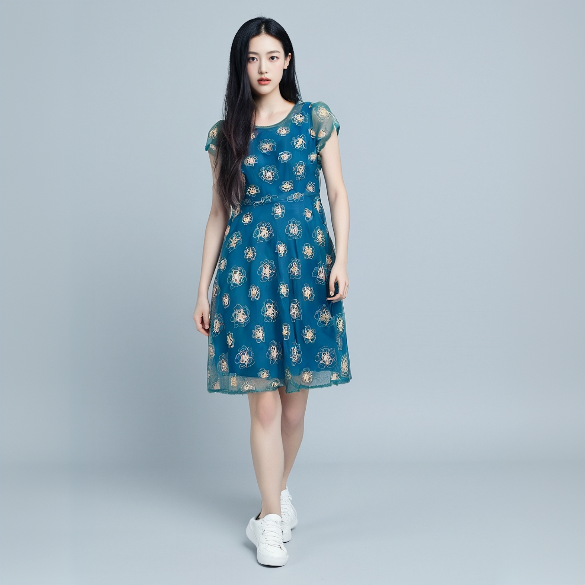 20183{裙长100}新款夏装清凉网纱中长款修身显瘦优雅女神范连衣裙