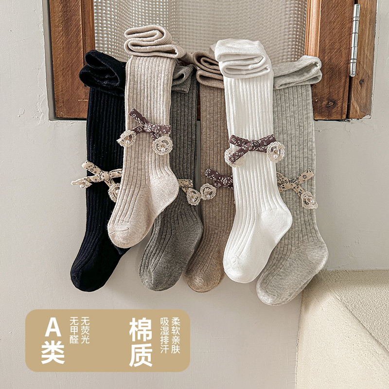 婴儿连裤袜白色春款女宝宝大PP打底裤袜棉女童蝴蝶结连脚袜公主袜