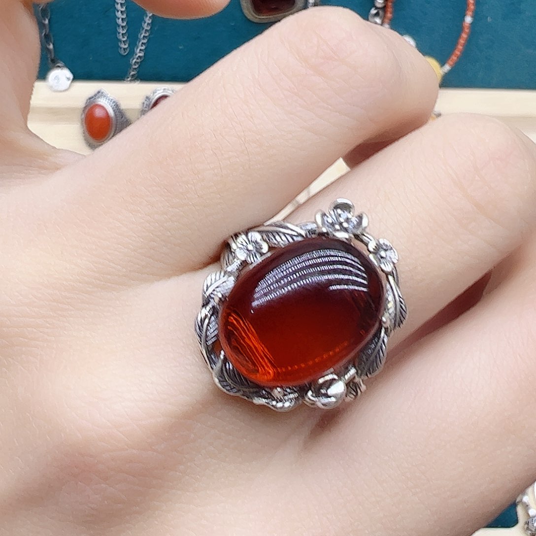 血珀戒指银S925镶嵌天然