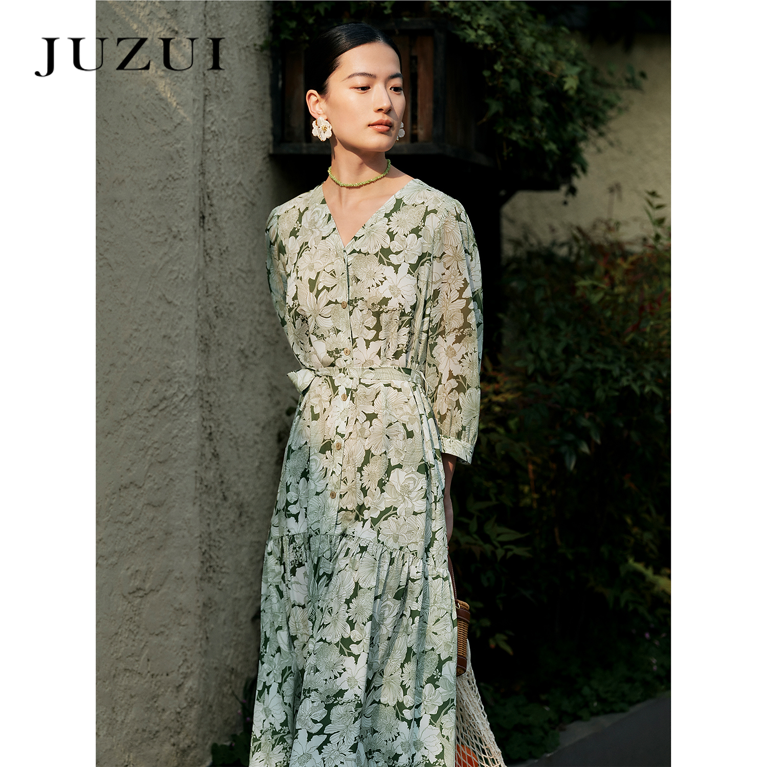 JZ玖姿国风牡丹连衣裙女装2023夏季修身显瘦雪纺连衣裙
