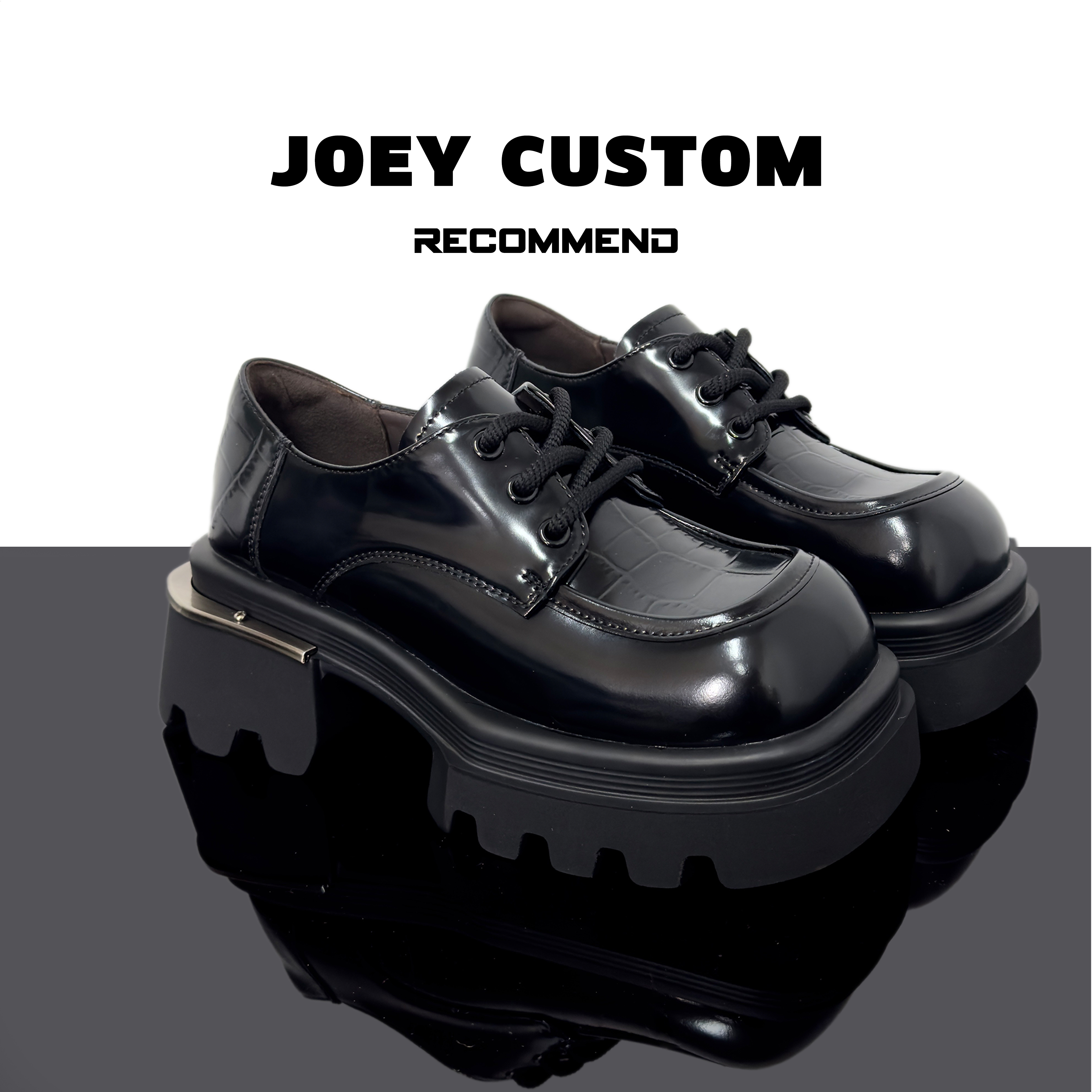 JOEY | 春款上新时髦方头粗跟系带乐福鞋黑色小皮鞋  003006