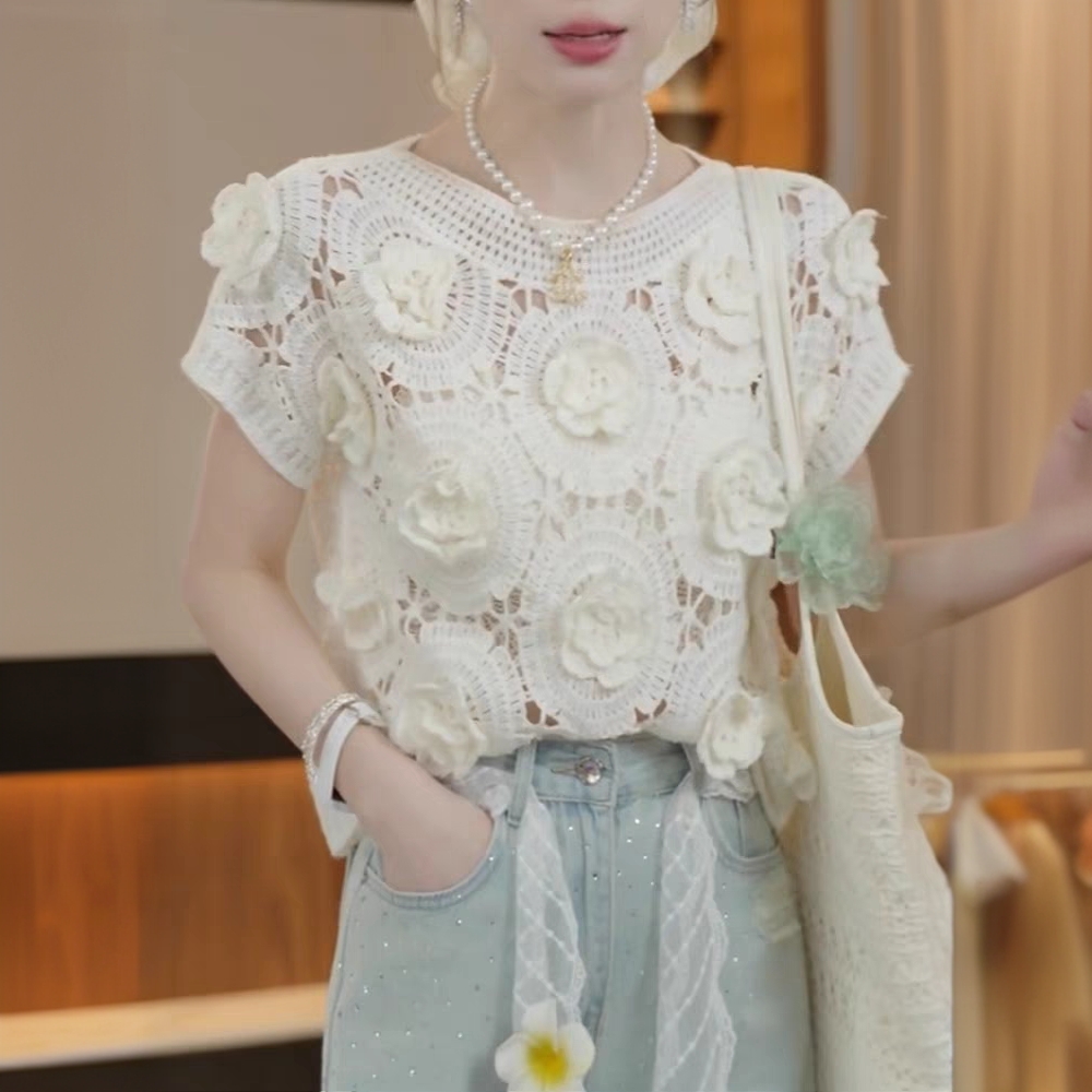 7511 镂空钩花短袖针织衫