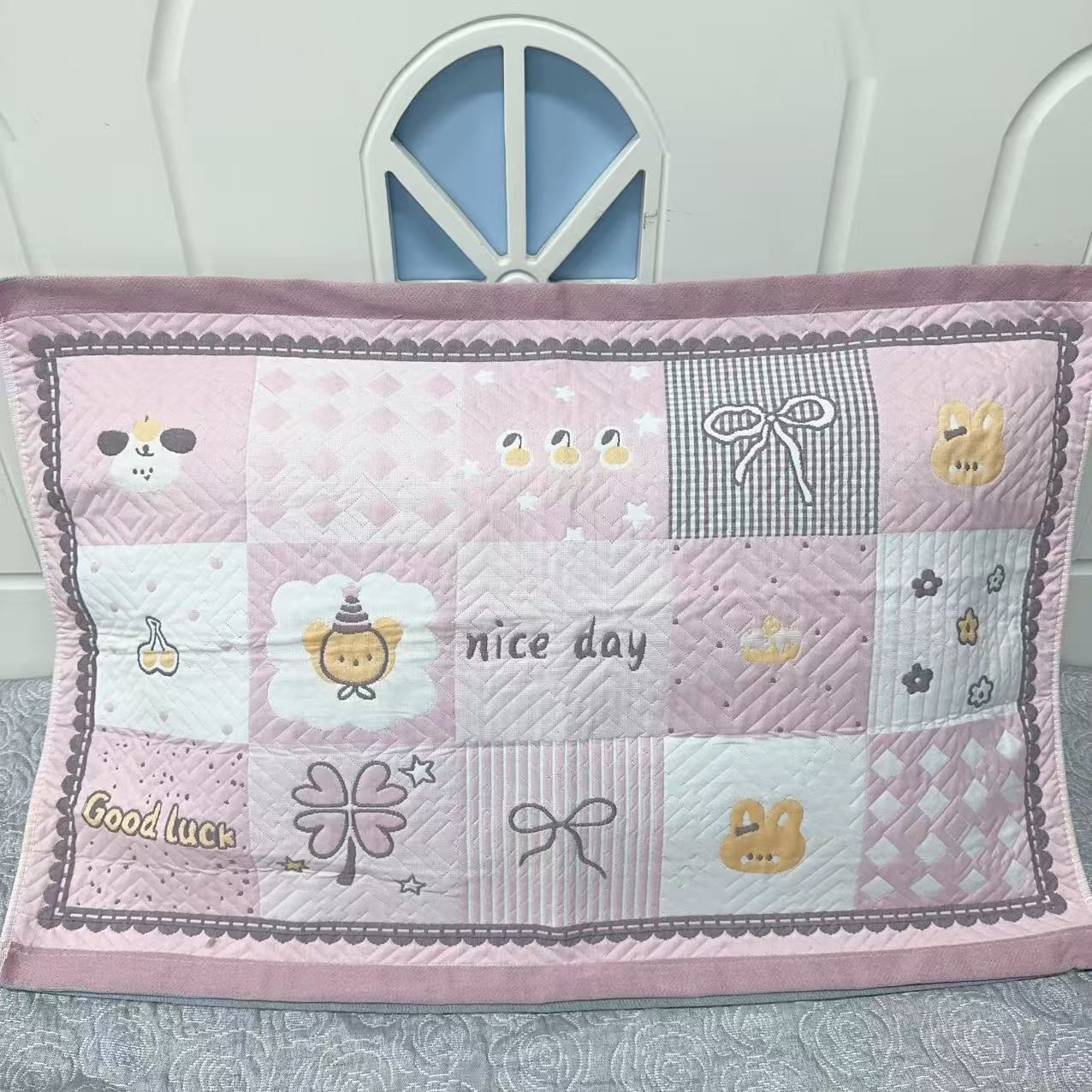 百福图 粉色  十层 精梳细沙枕巾棉纱布枕巾易洗全棉透气吸汗