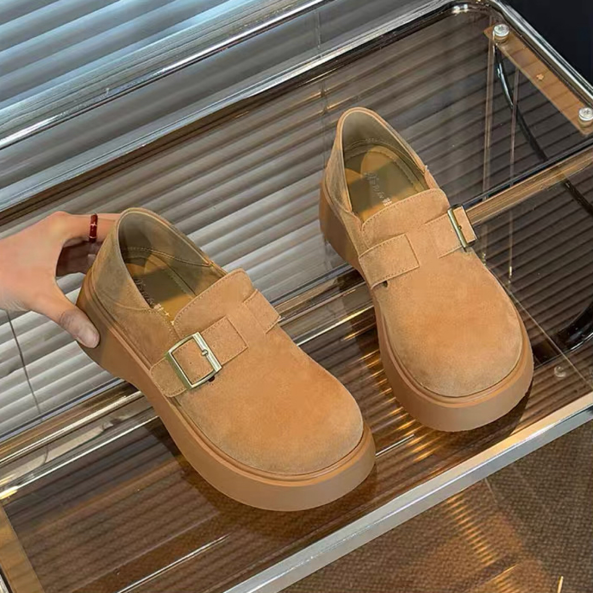 中跟拼色浅口平跟圆头单鞋乐福鞋女款休闲鞋