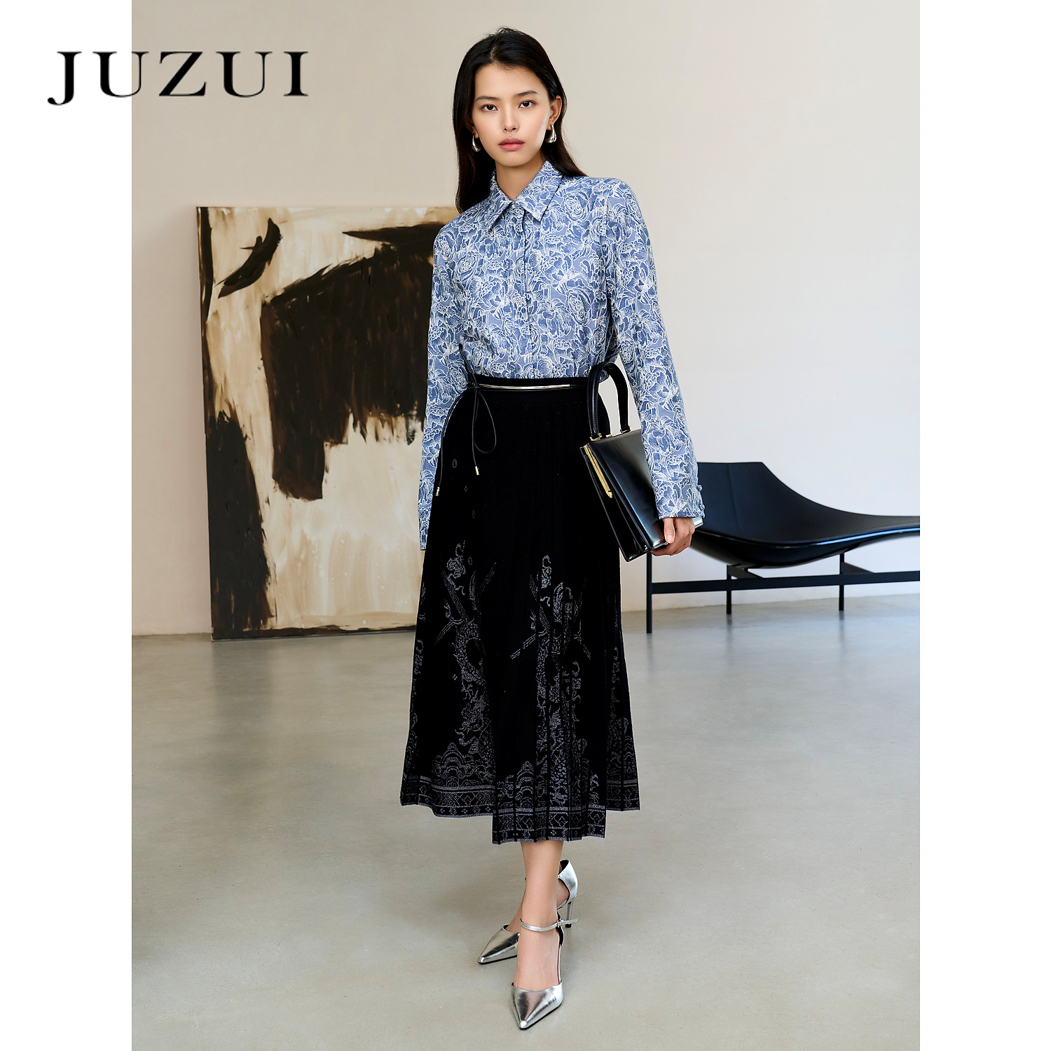 商场同款JZ玖姿新中式刺绣羊毛半身长裙女2024冬季新款JWED20002