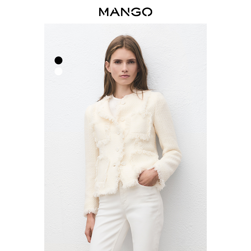 MANGO女装短外套2025冬装新款小香风圆领直筒磨损边缘花呢夹克