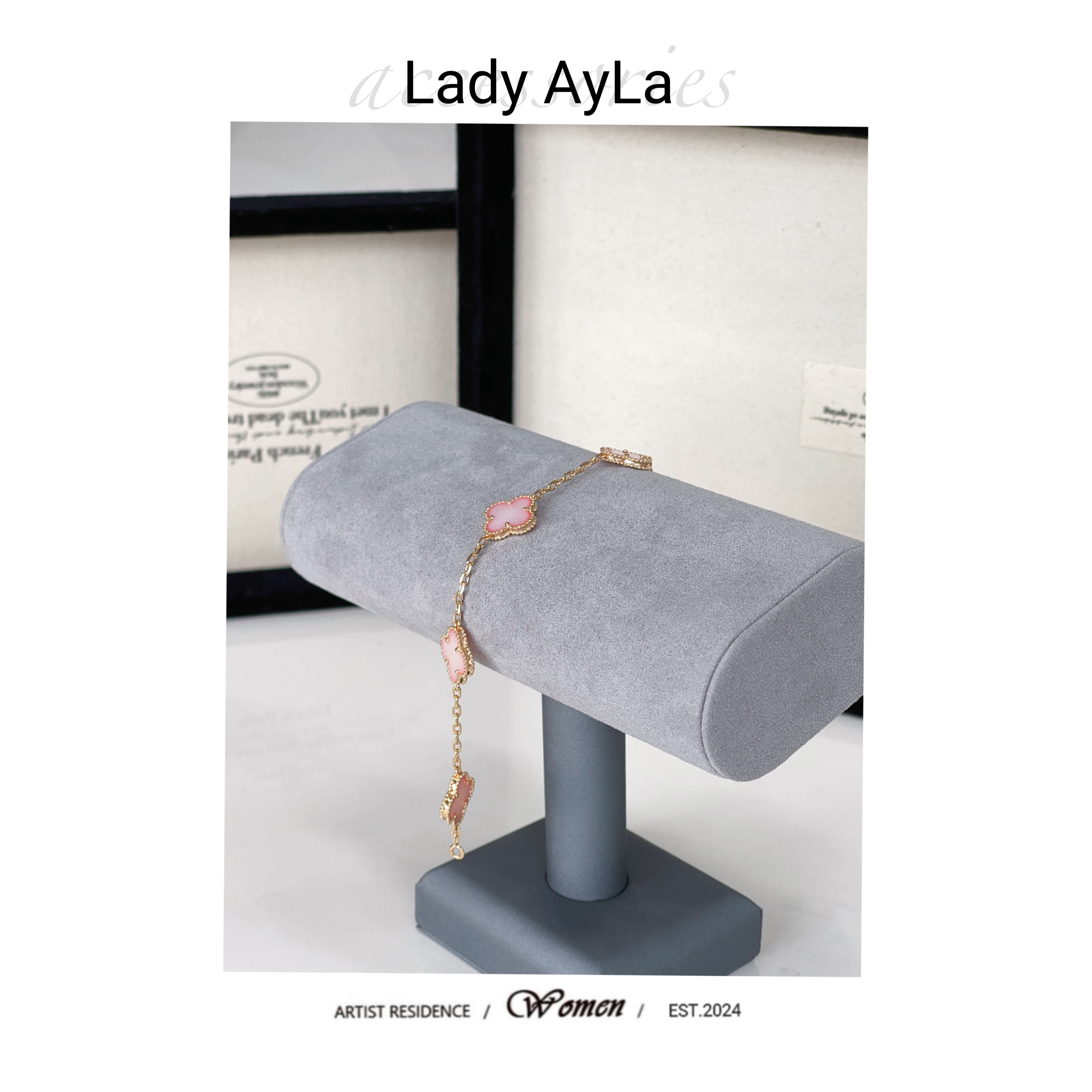 925银合成锆石手链 四叶花草樱花粉手链时尚简约百搭AL565