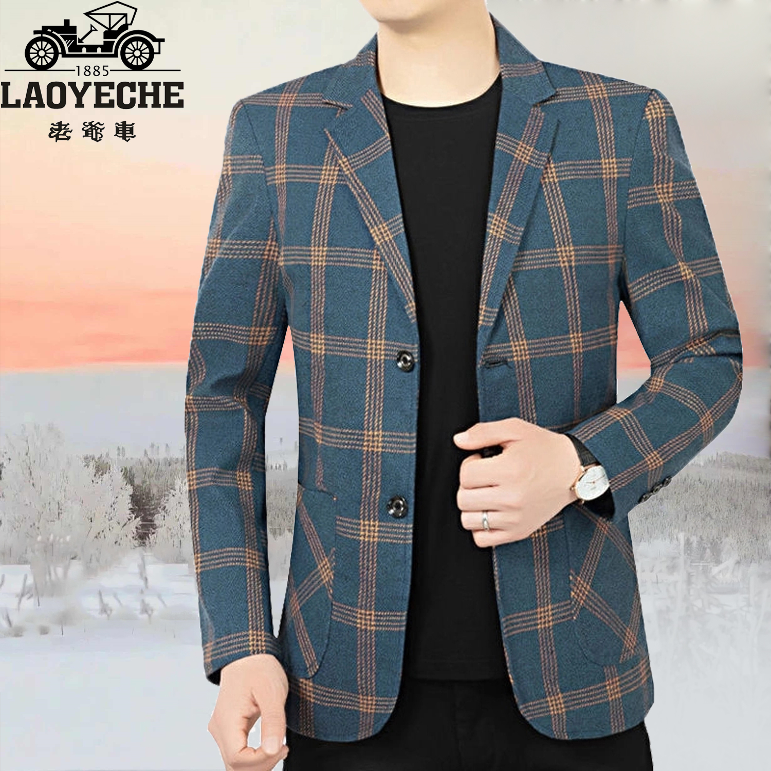 老爷车新款春秋季男士休闲西装男外套修身韩版格子小西服上衣中年