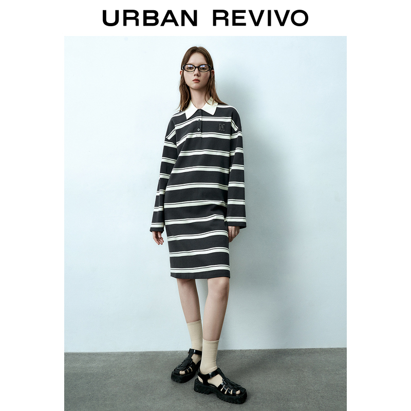 UR秋冬新款女装时尚休闲经典条纹polo领长袖连衣裙UWU730045