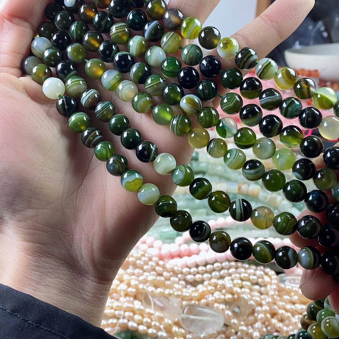 玛瑙/玉髓珠宝半成品合金一条天然8mm绿蚕丝玛瑙A05