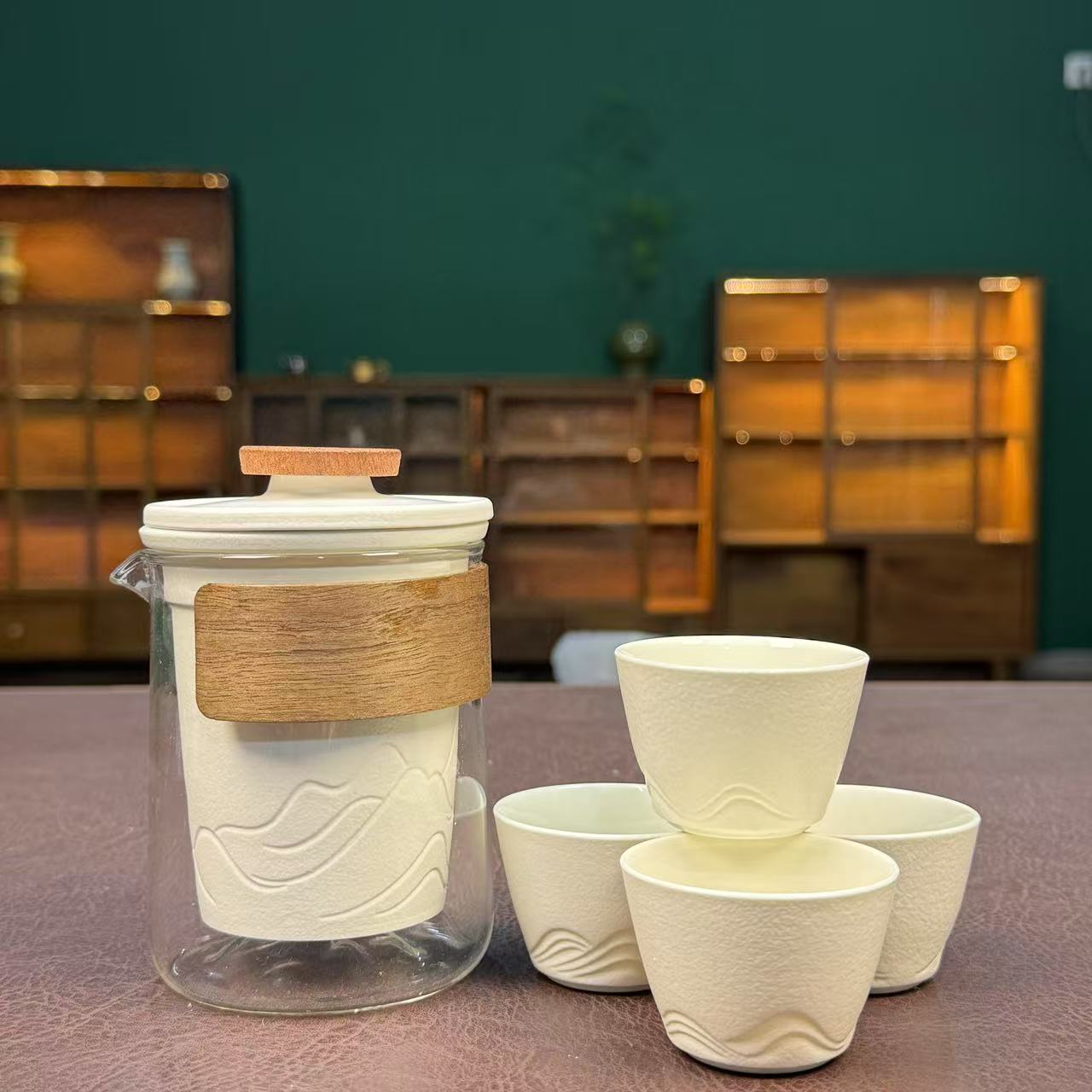 优雅白 白色远山 玻璃 便携旅行茶具套装 一壶四杯