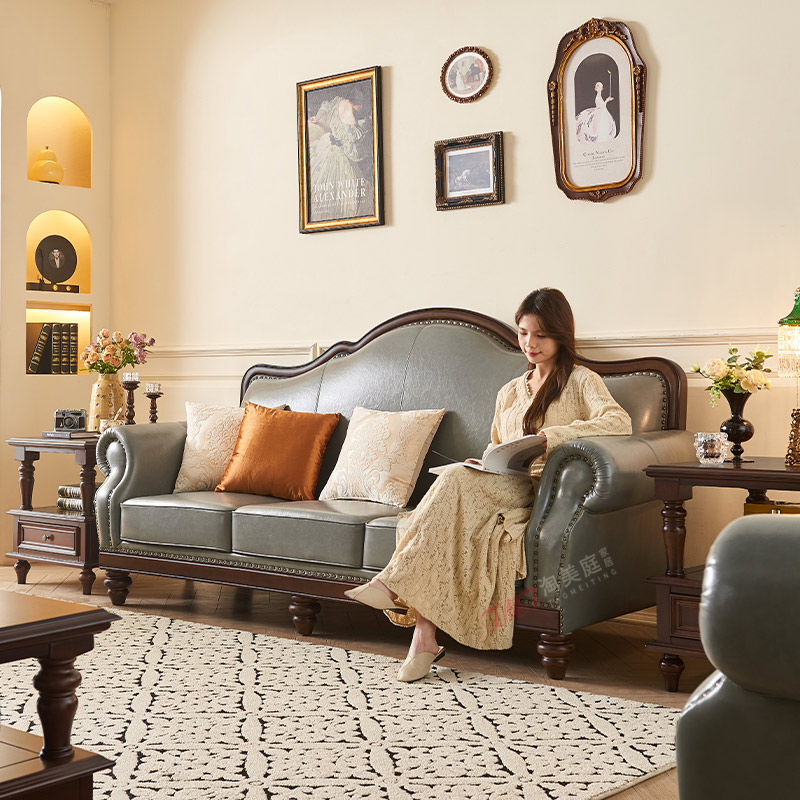 淘美庭美式复古实木真皮沙发头层牛皮123组合简美客厅别墅家具