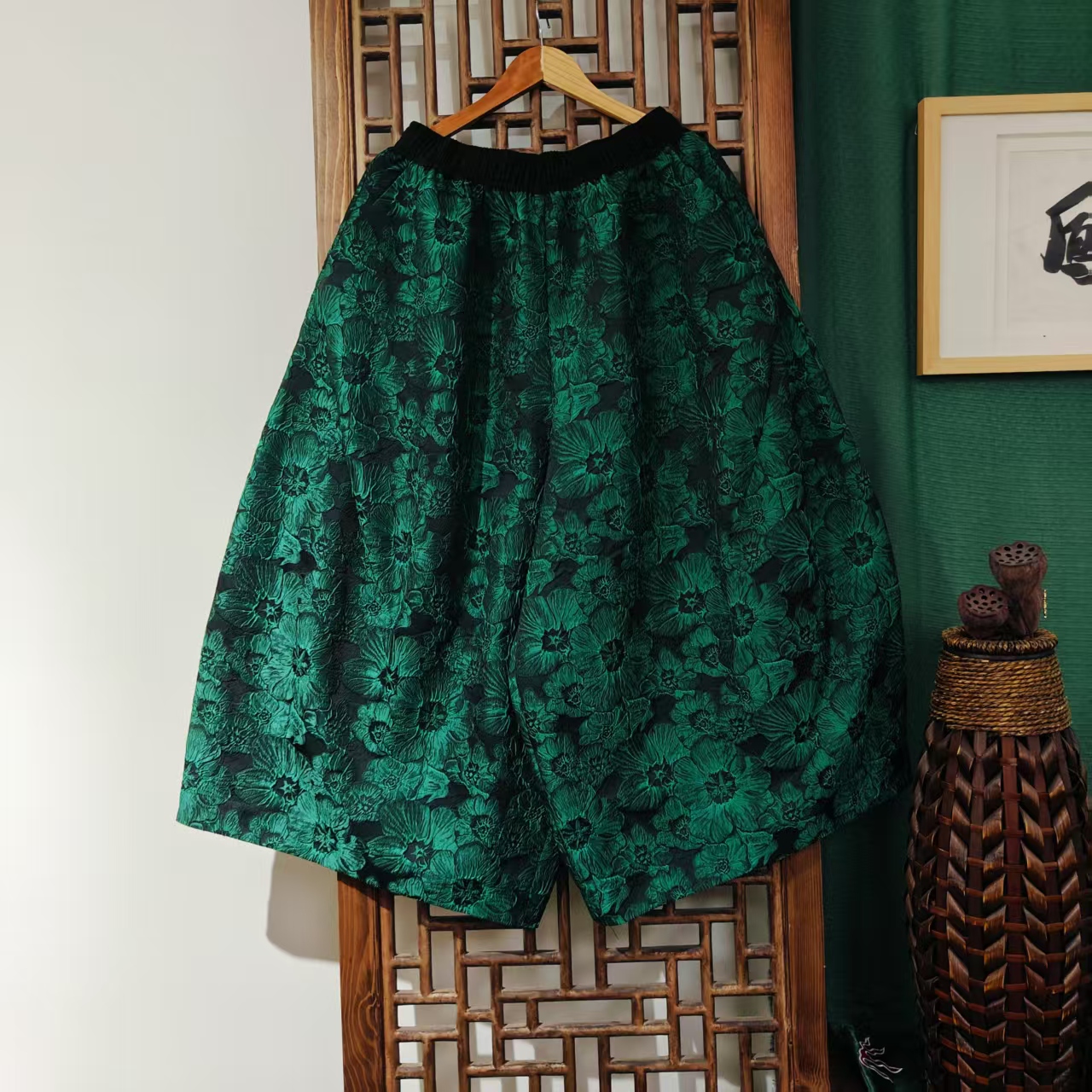  （LK040-76）凤徕兮私人定制绿色立体提花全松紧花苞裤  单