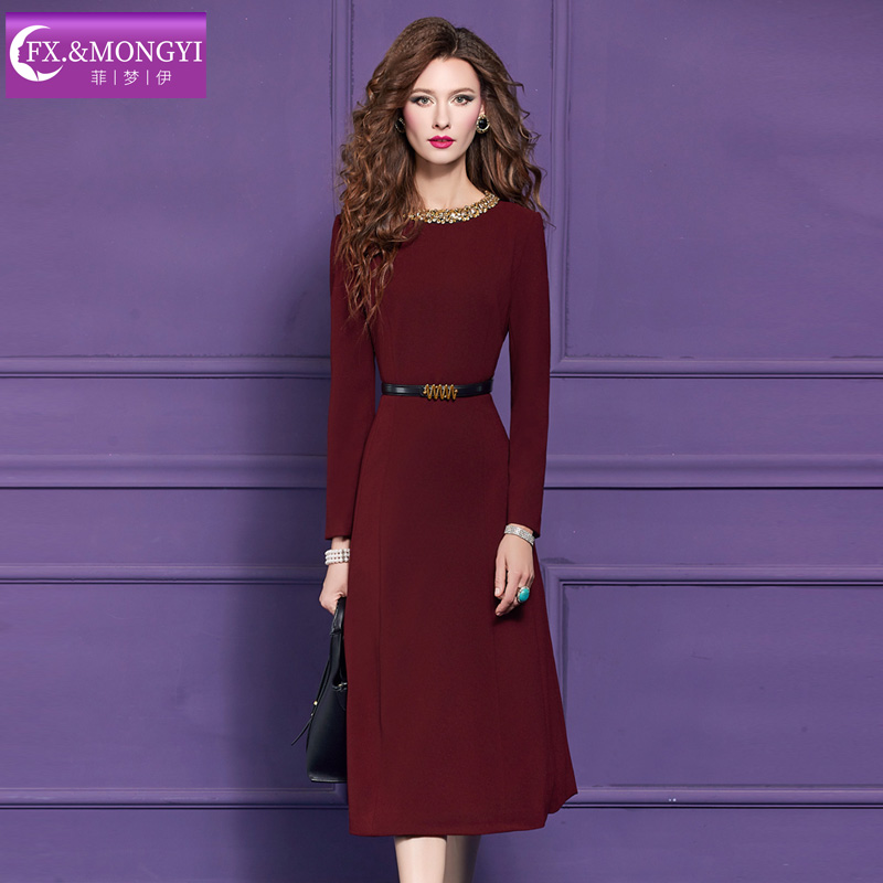 菲梦伊原创钉珠红色连衣裙女冬季高端优雅气质中长款大摆裙68293