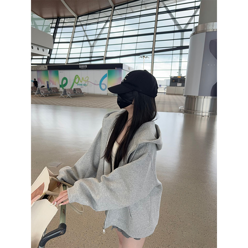 oversize拉链开衫卫衣女秋冬季重磅宽松大码休闲慵懒风连帽外套潮