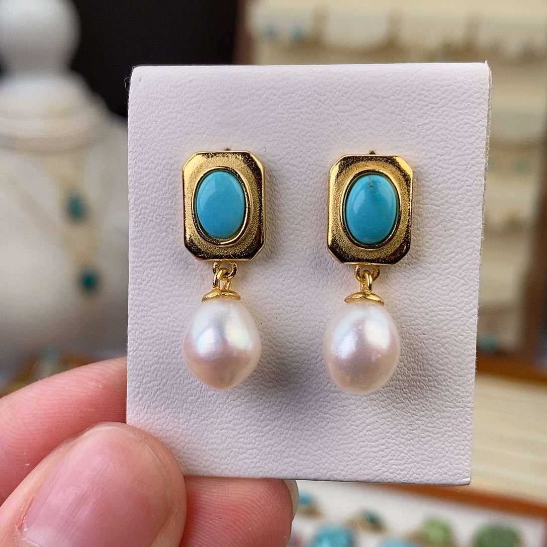 绿松石耳饰银S925镶嵌