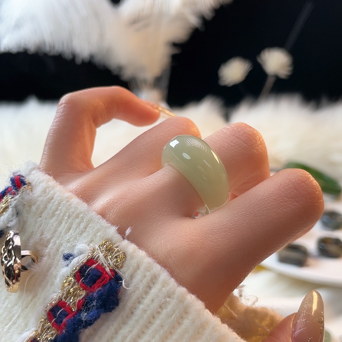 和田玉未镶嵌戒指k105 奶蓝馒头17.1mm