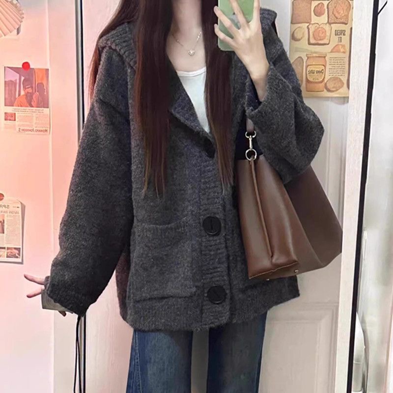 【01-25】韩系简约毛衣外套女秋冬款百搭宽松网红连帽针织开衫