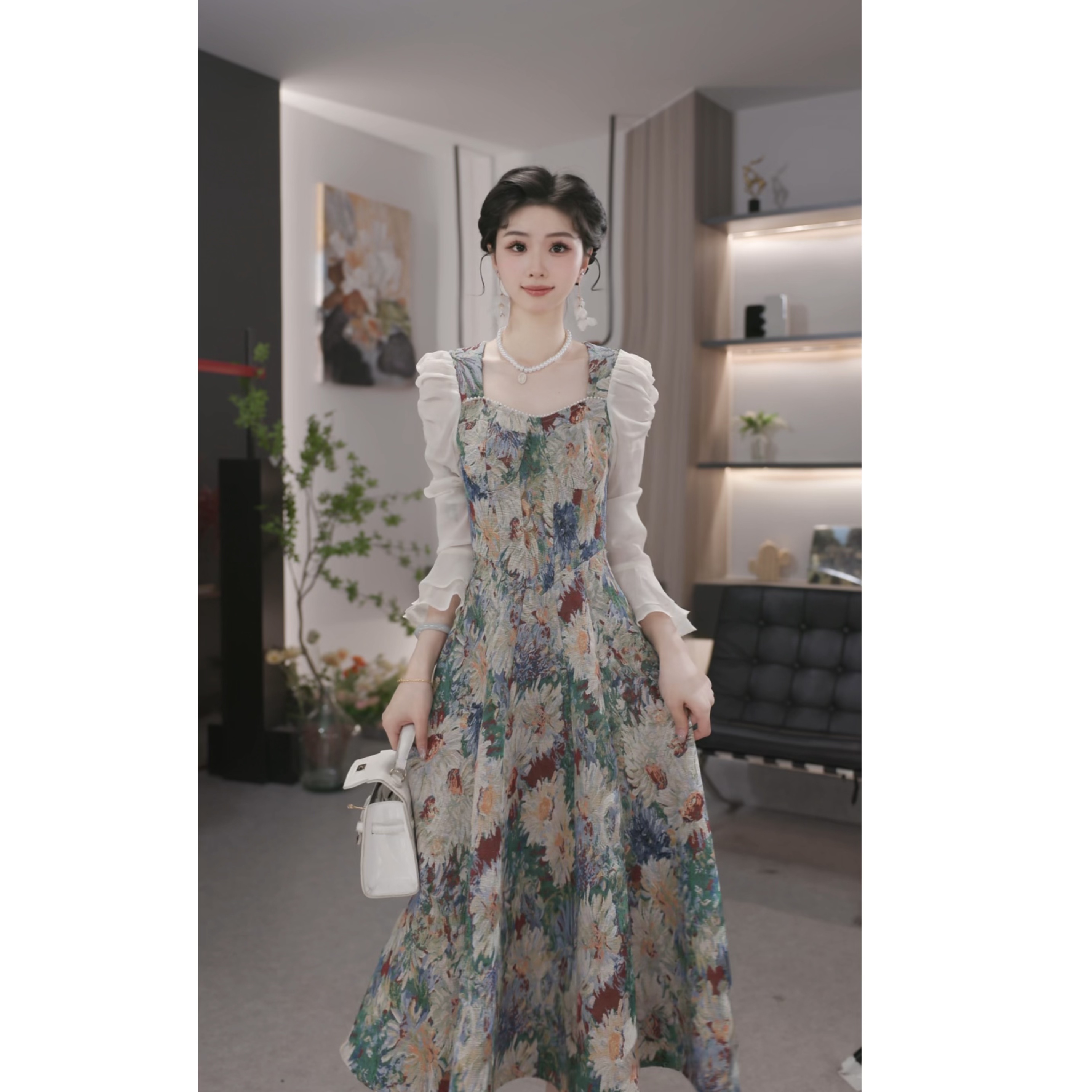 薇宝儿-婷婷【油画少女】-秋季新款法式复古方领显瘦连衣裙-41614Q