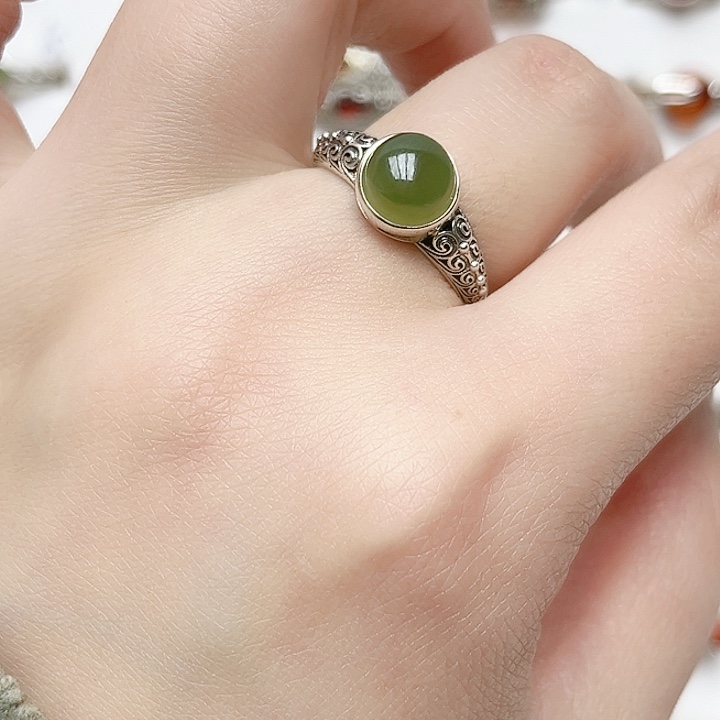和田玉戒指银S925镶嵌天然