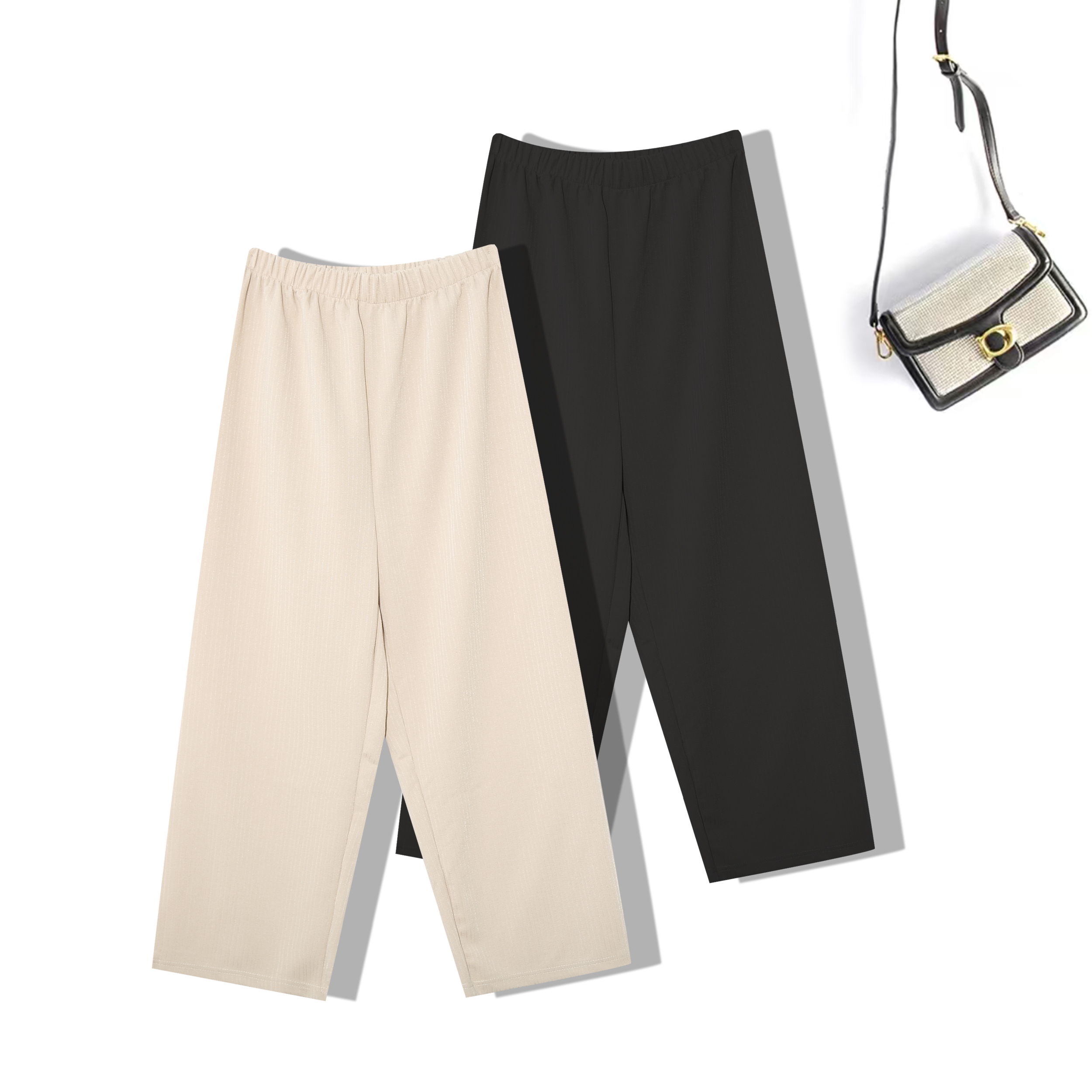 女士九分裤直筒显瘦腰韩版isn纹理女坠感阔腿裤松紧腰女潮裤1F698