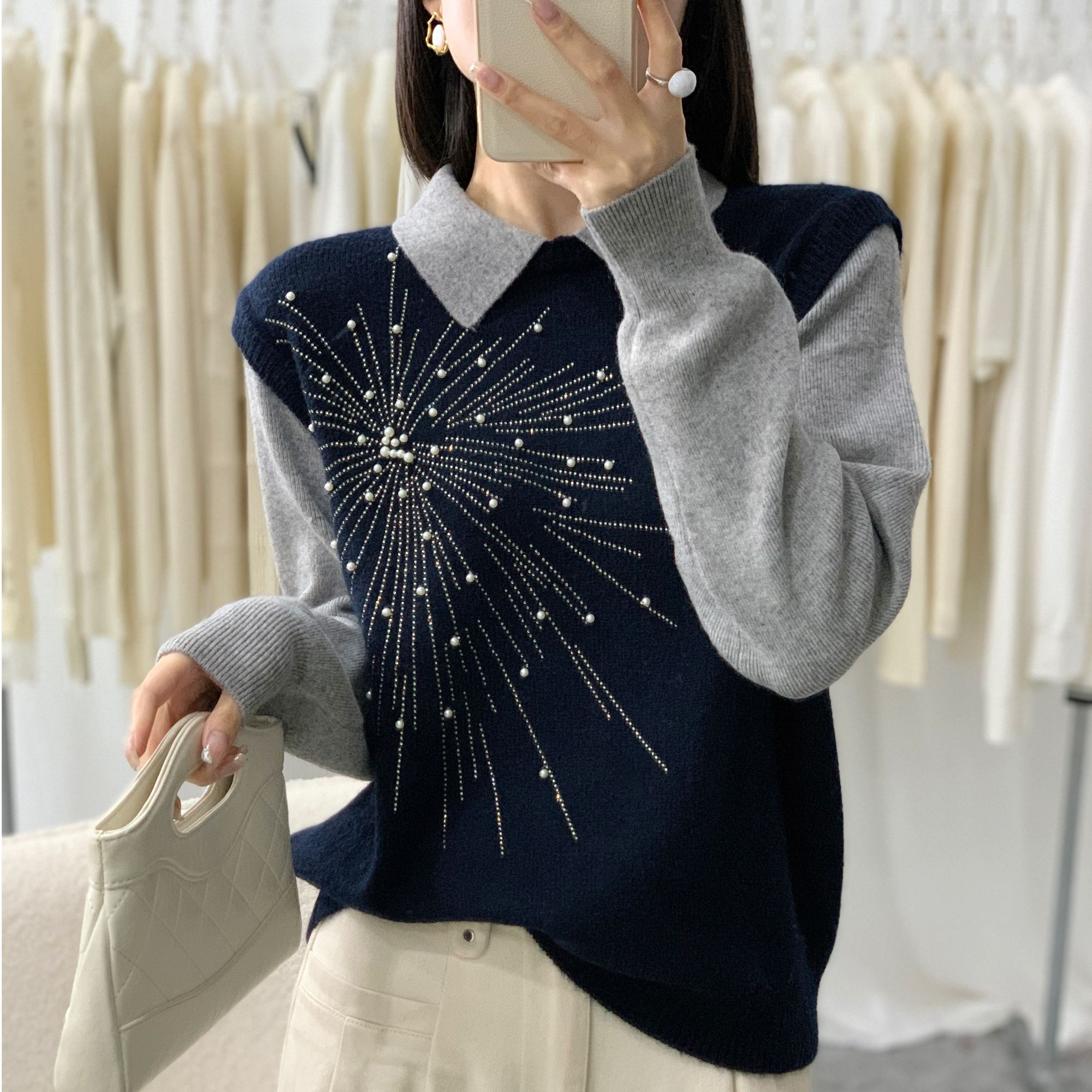 冬季洋气韩版时尚翻领假两件撞色烟花钉珠减龄百搭针织衫B069#