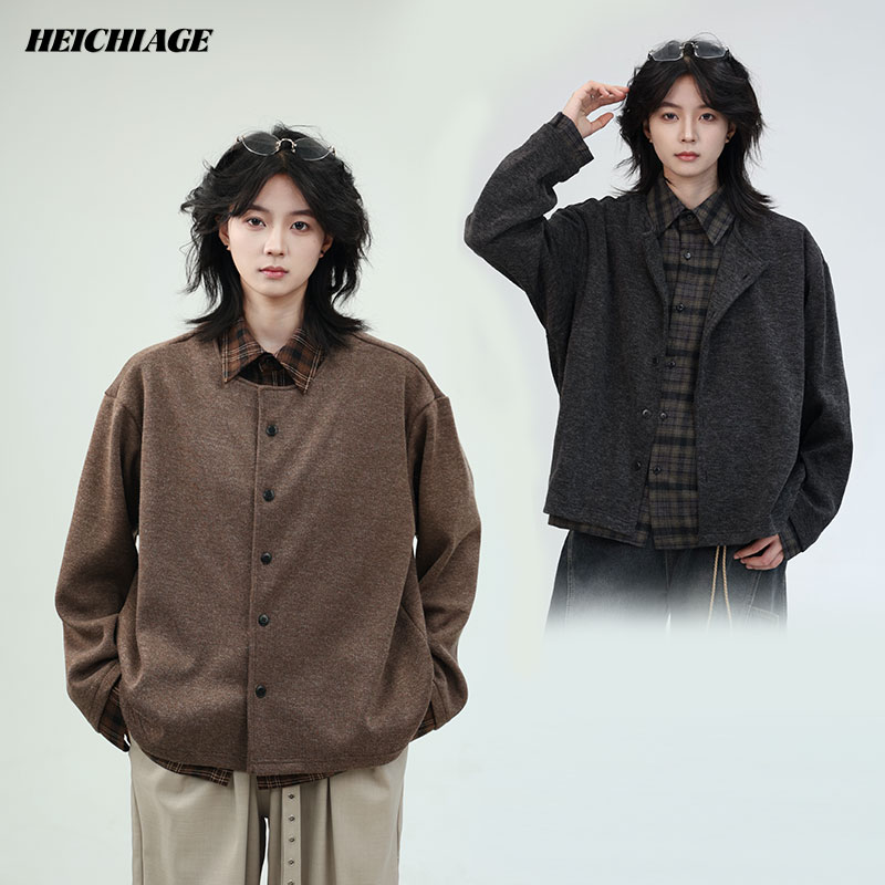 黑迟磨毛格子內襟老钱风假两件开衫毛衣男女宽松针织衫秋冬