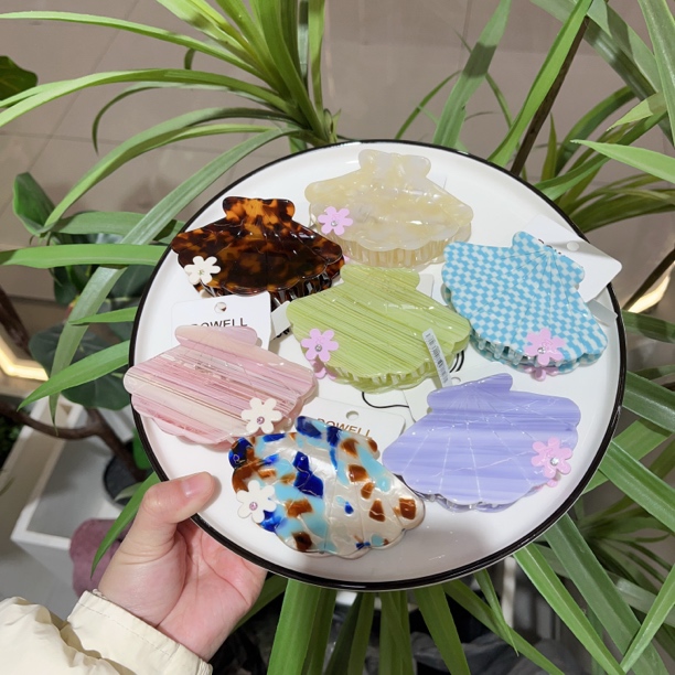 醋酸板材拼接醋酸可爱抓夹3指半发量镶钻小花高级感鲨鱼夹发饰