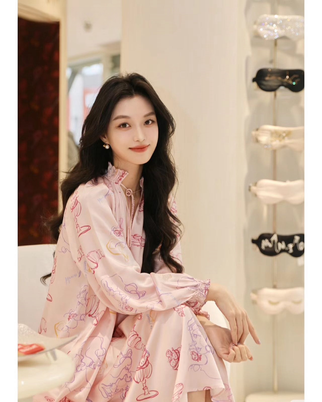 时梦也【曼-NT】 美拉德睡裙轻奢高级长袖休闲女士印花宽松薄款