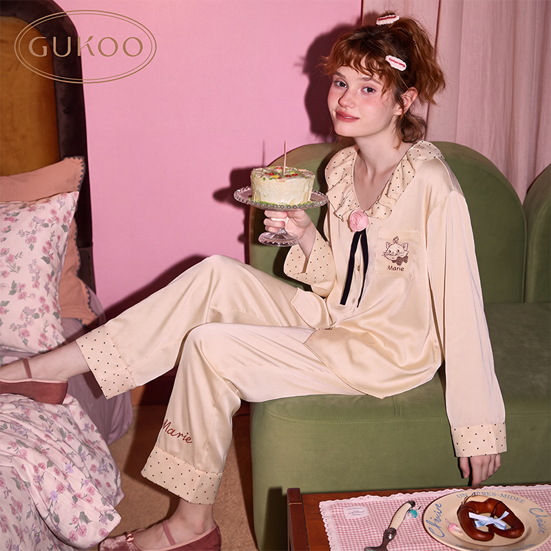 Gukoo/果壳长袖睡衣春秋玛丽猫联名新款简约轻奢女士家居服套装C