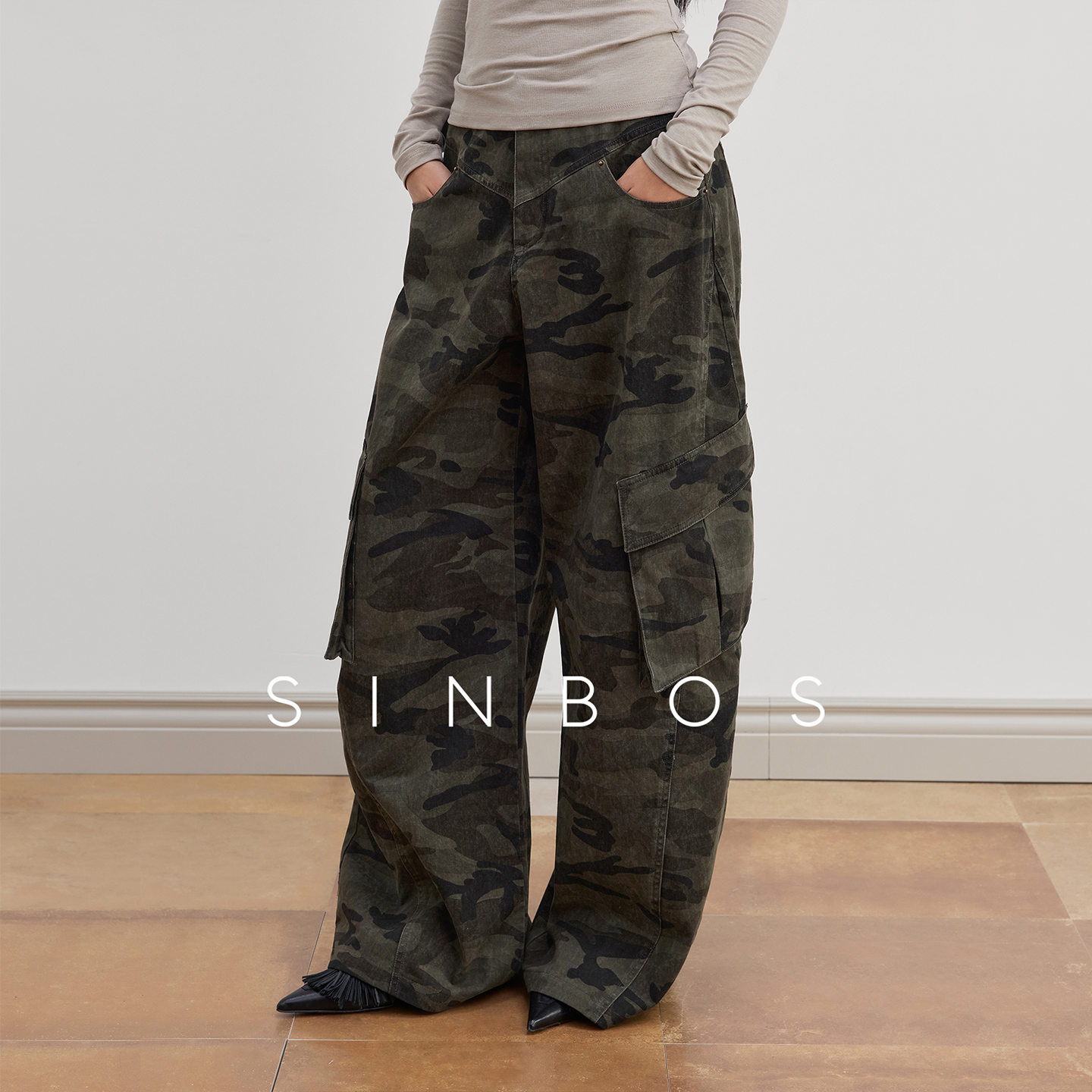SINBOS风行者 水洗工装风做旧纯棉迷彩宽松阔腿裤女2025冬季新款