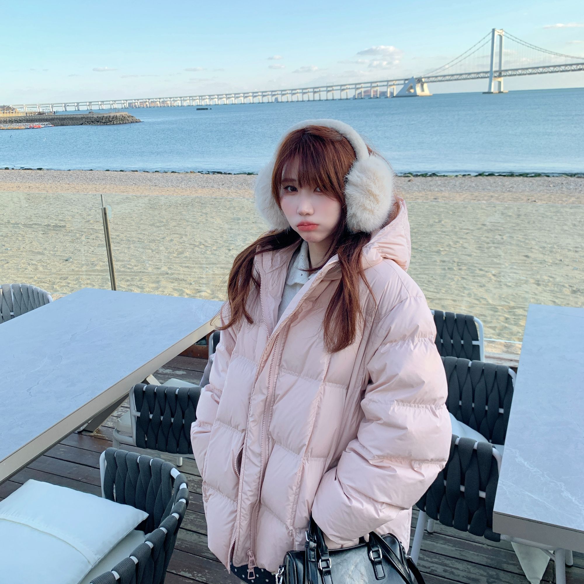 Berry 喜你而欢大庞定制 粉色连帽90白鸭绒羽绒服女宽松休闲外套