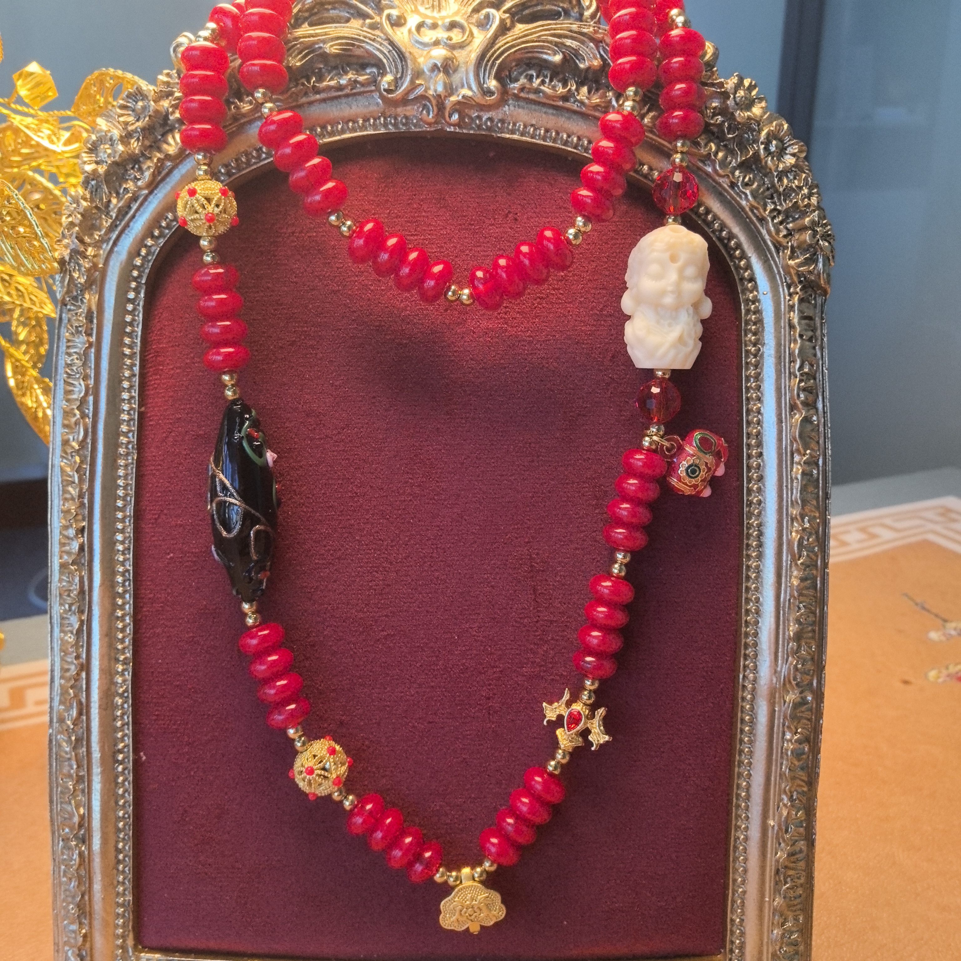 红色算盘玻璃珠百搭国潮重工毛衣链唐卡链